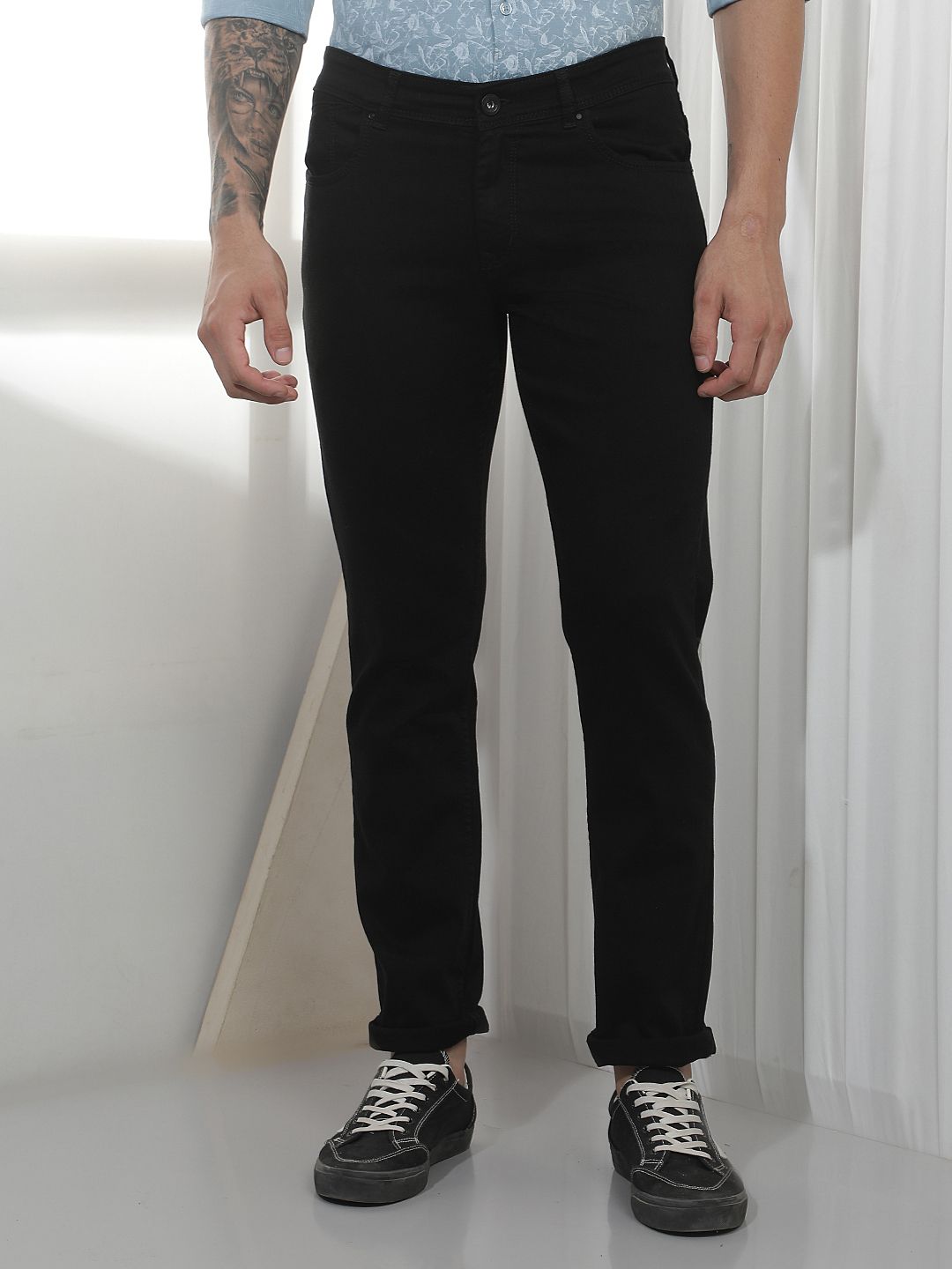 Men Slim Mid Rise Black Jeans-image-5