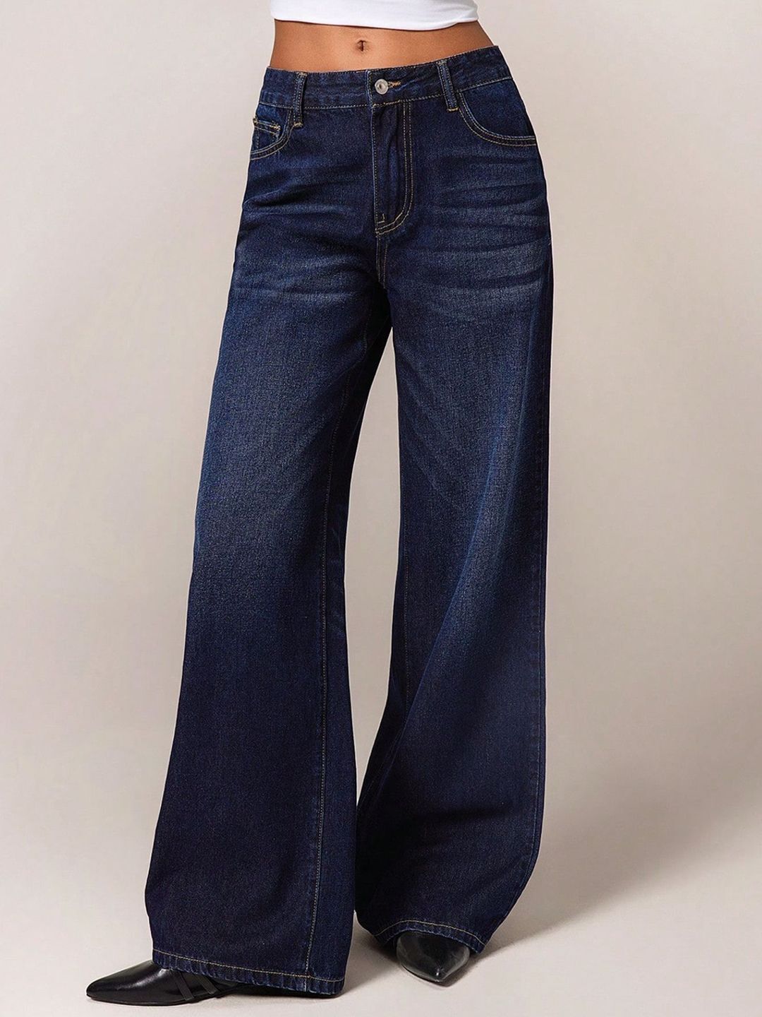 Women Loose Fit High Rise Blue Jeans