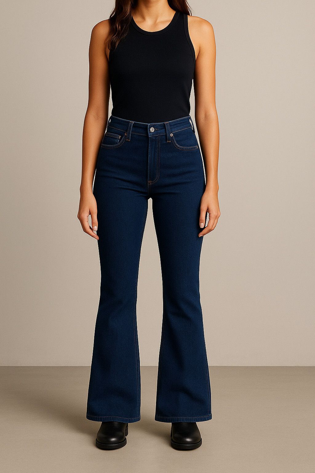 Women Flared High Rise Dark Blue Jeans-image-9