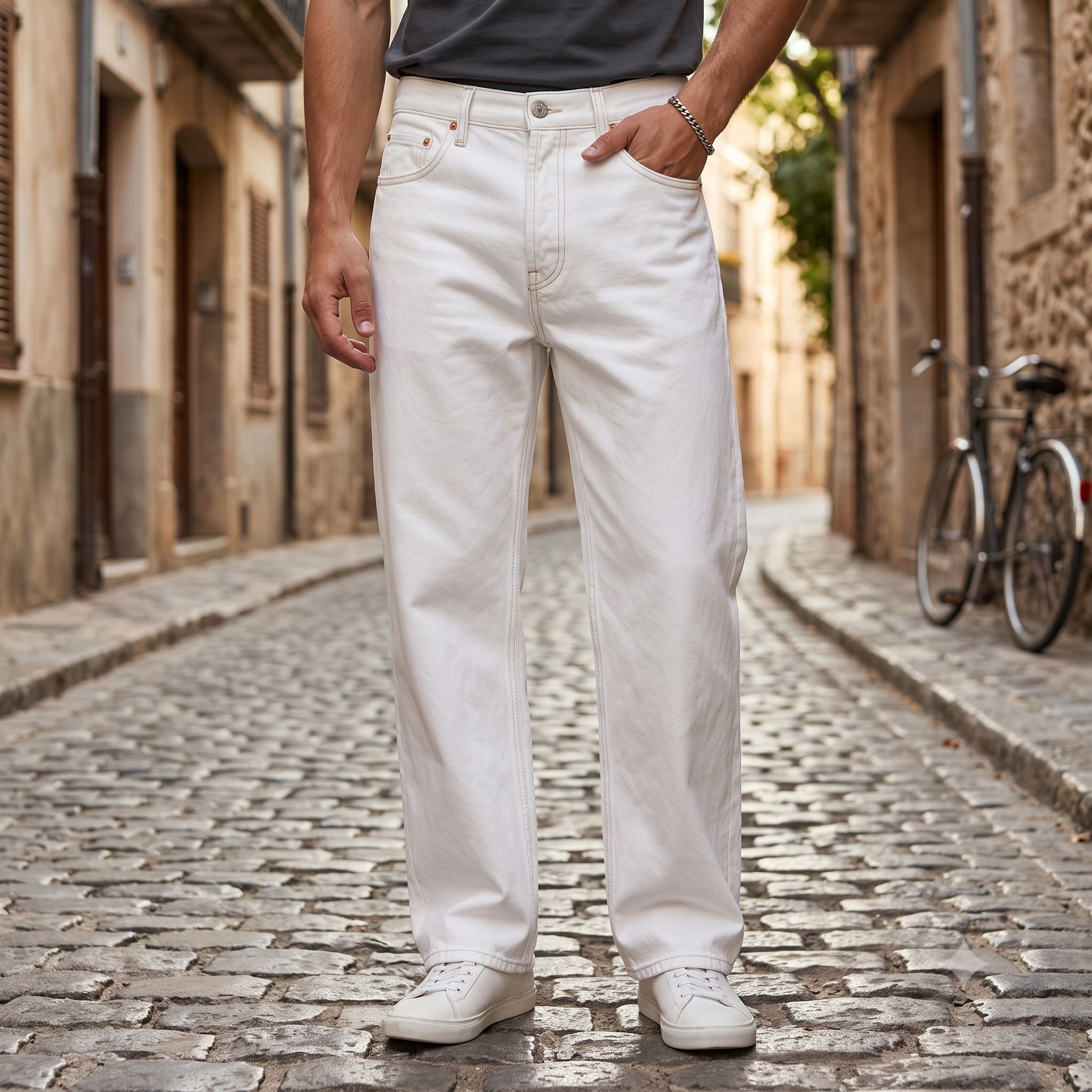 saudagarhub Men Wide Leg Mid Rise White Jeans-picture-0