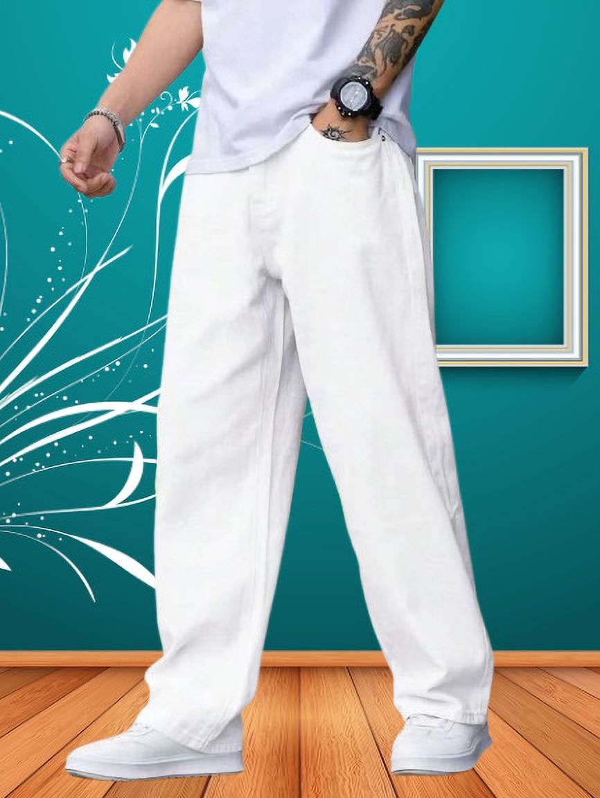 Men Loose Fit Mid Rise White Jeans-image-5