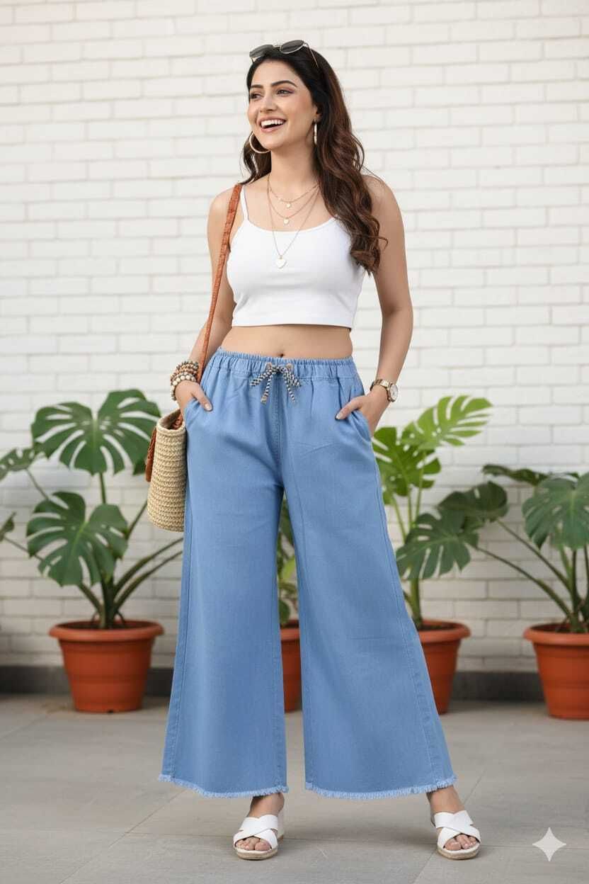 Women Wide Leg Mid Rise Light Blue Jeans-image-36
