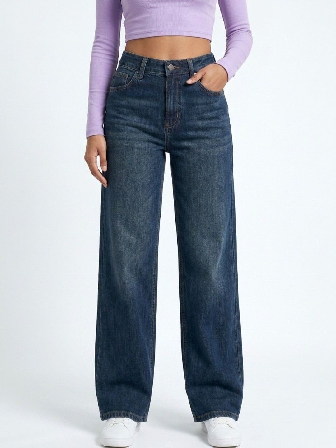 aav2 Women Wide Leg High Rise Dark Blue Jeans-picture-14