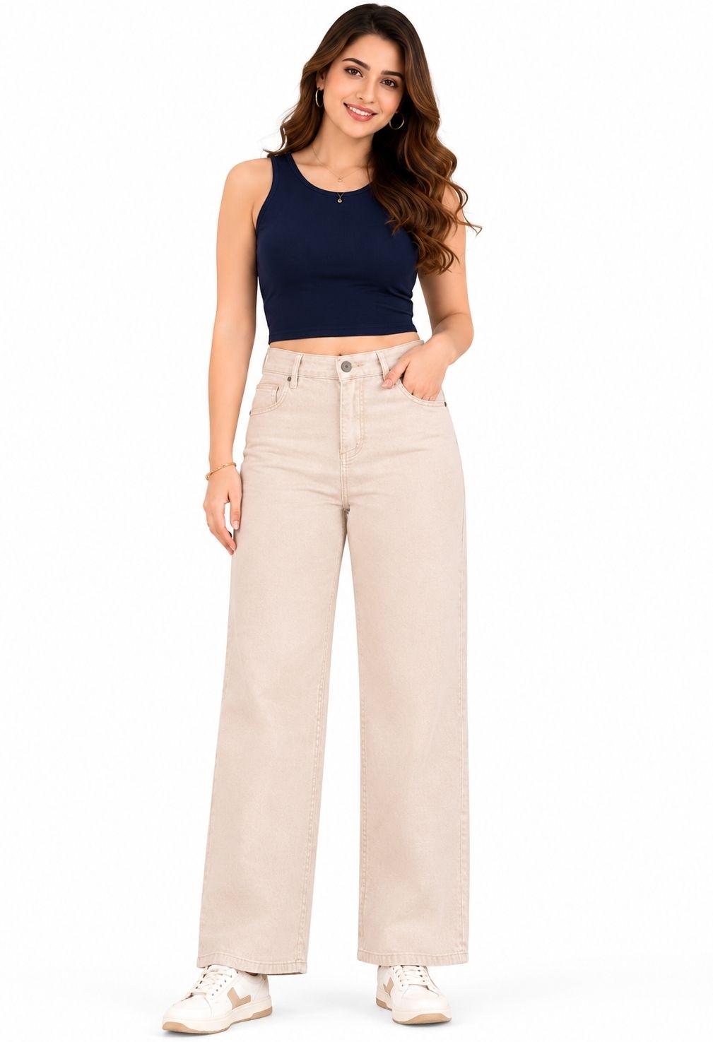 Women Flared Mid Rise Beige Jeans-image-3