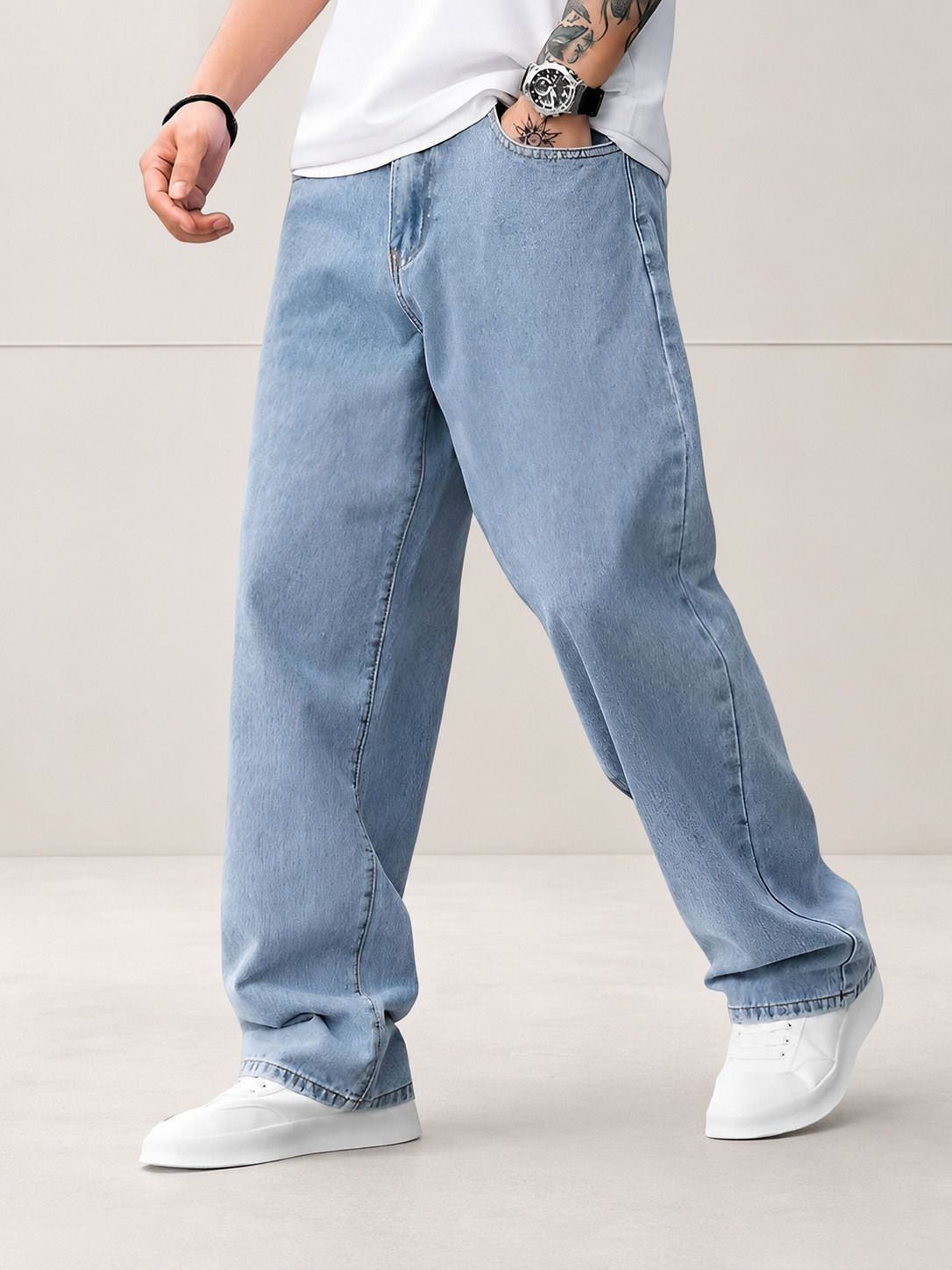 fadevielle Men Relaxed Fit Mid Rise Light Blue Jeans-picture-13