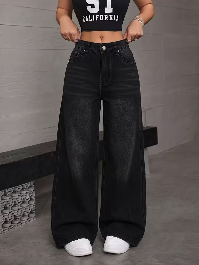 Women Loose Fit High Rise Black Jeans-image-48
