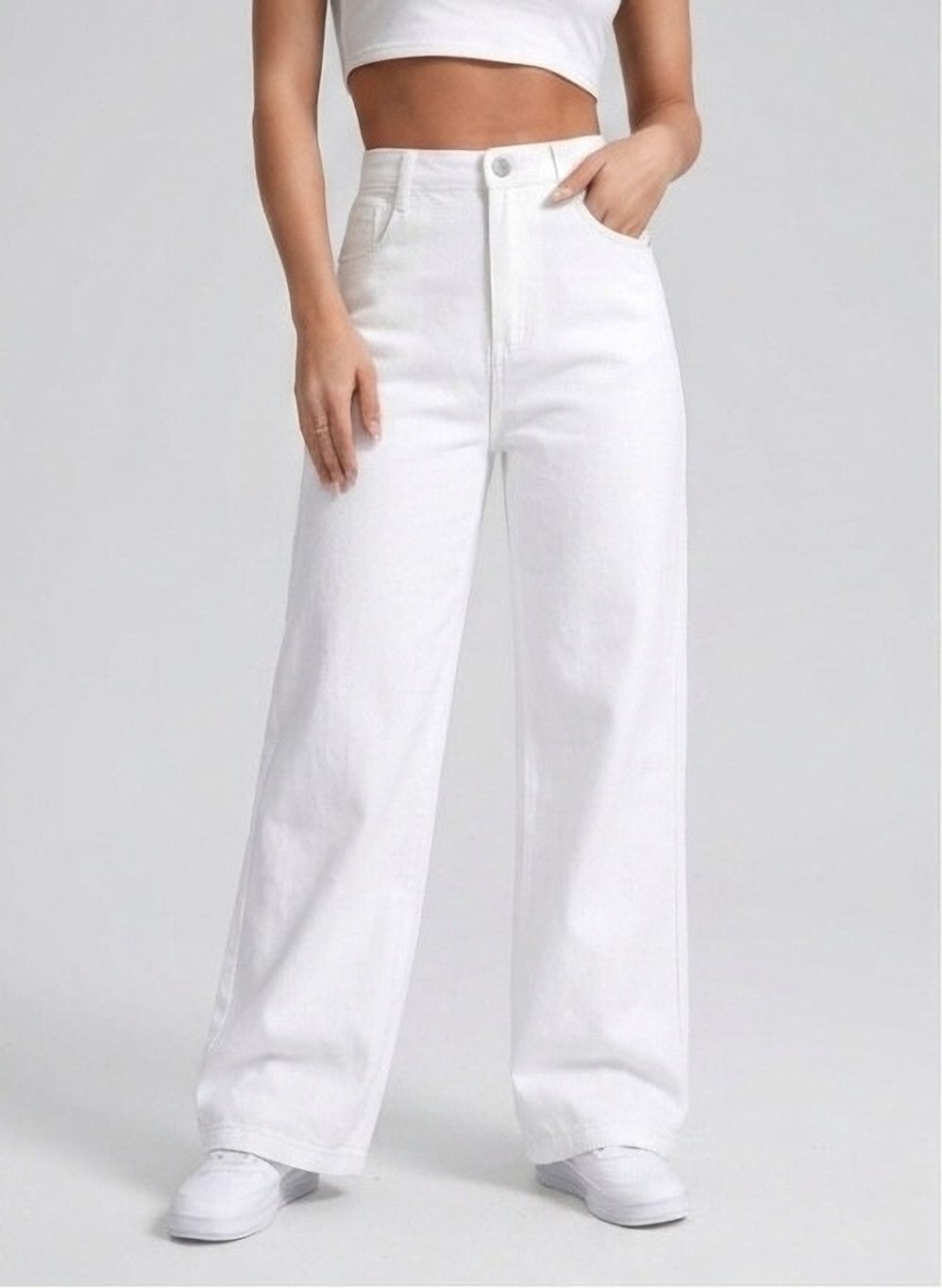 Women Wide Leg High Rise White Jeans-image-23