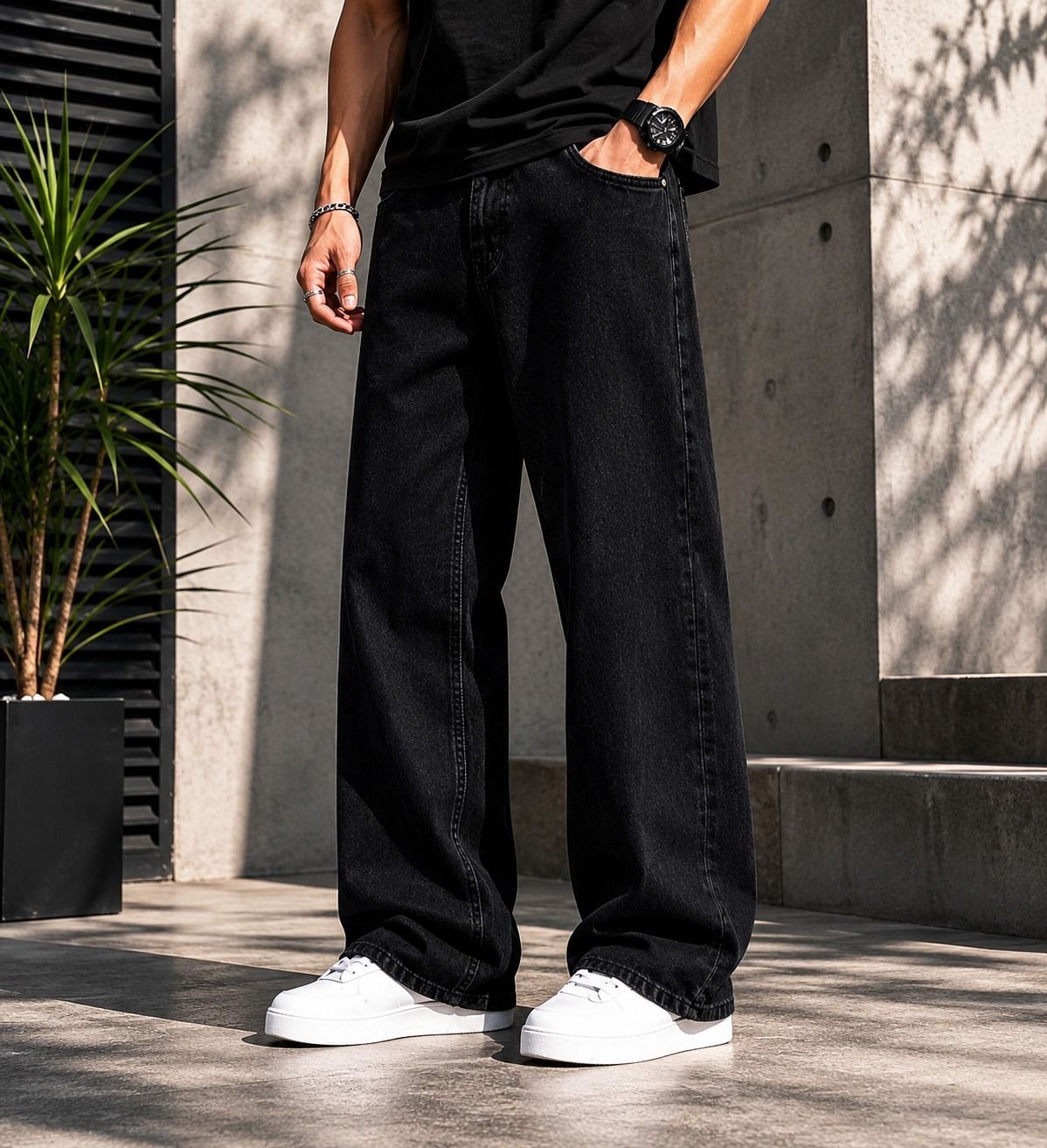 Men Straight Fit Mid Rise Black Jeans-image-10
