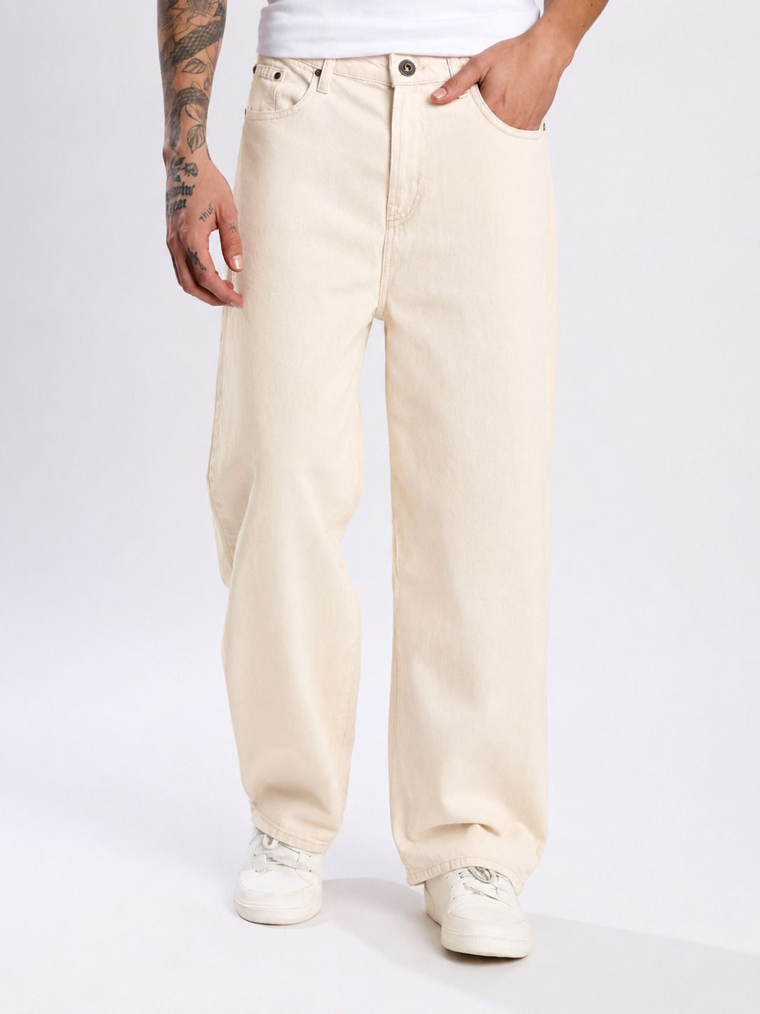denim life Men Loose Fit Mid Rise Beige Jeans-picture-10