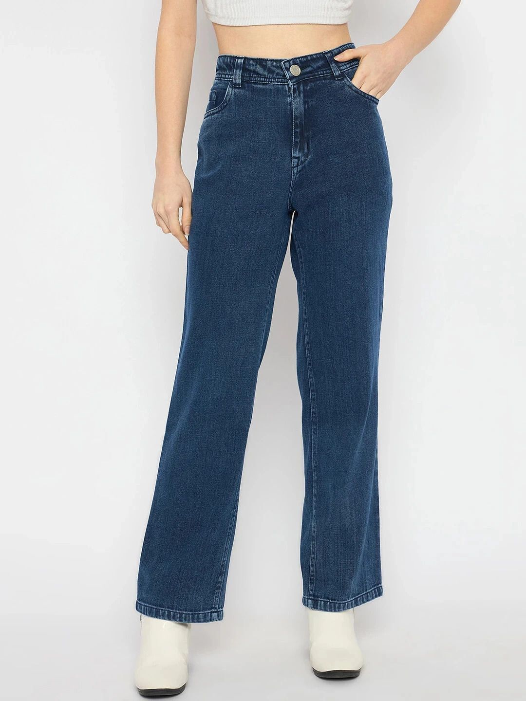 Women Loose Fit High Rise Dark Blue Jeans-image-29