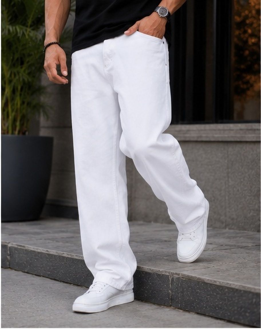 Men Loose Fit Mid Rise White Jeans-image-14