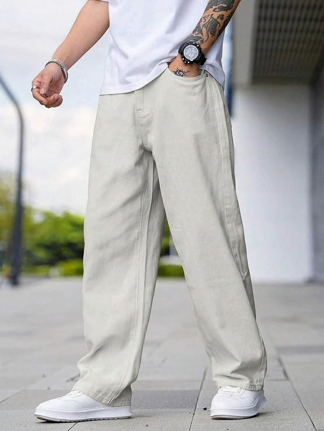 chalodia Men Wide Leg Mid Rise White Jeans-picture-29