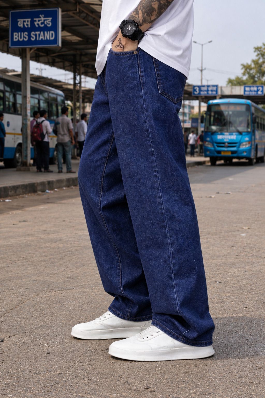 denim look Men Loose Fit Mid Rise Dark Blue Jeans-picture-33