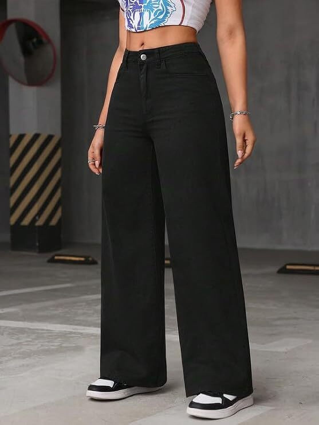 star4well Women Wide Leg Mid Rise Black Jeans-picture-0