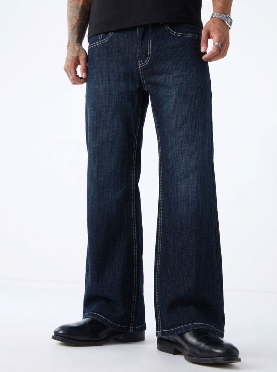 Men Boot-Leg Mid Rise Dark Blue Jeans-image-19