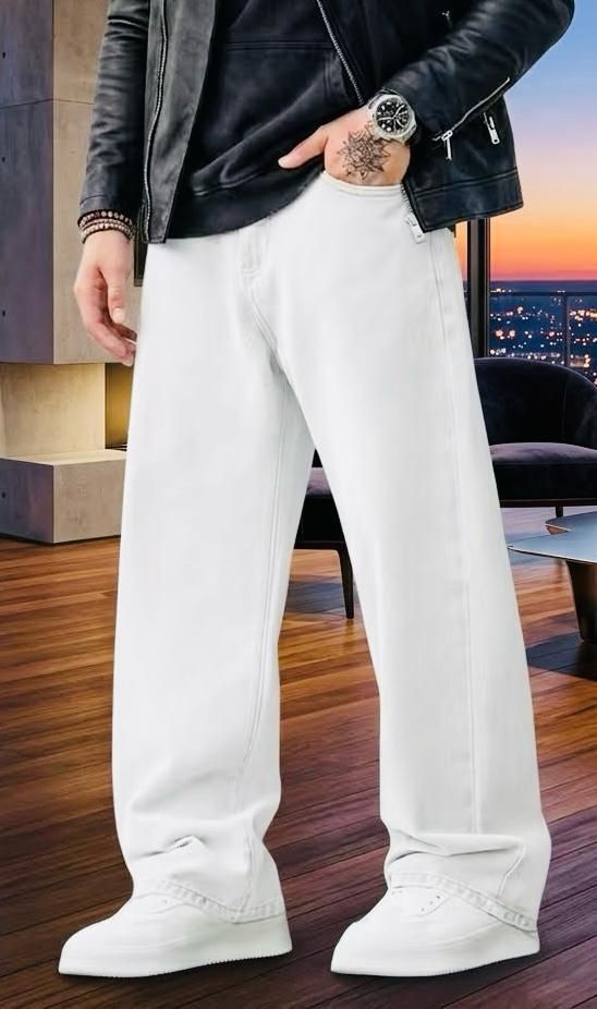 flaying Men Loose Fit Mid Rise White Jeans-picture-38