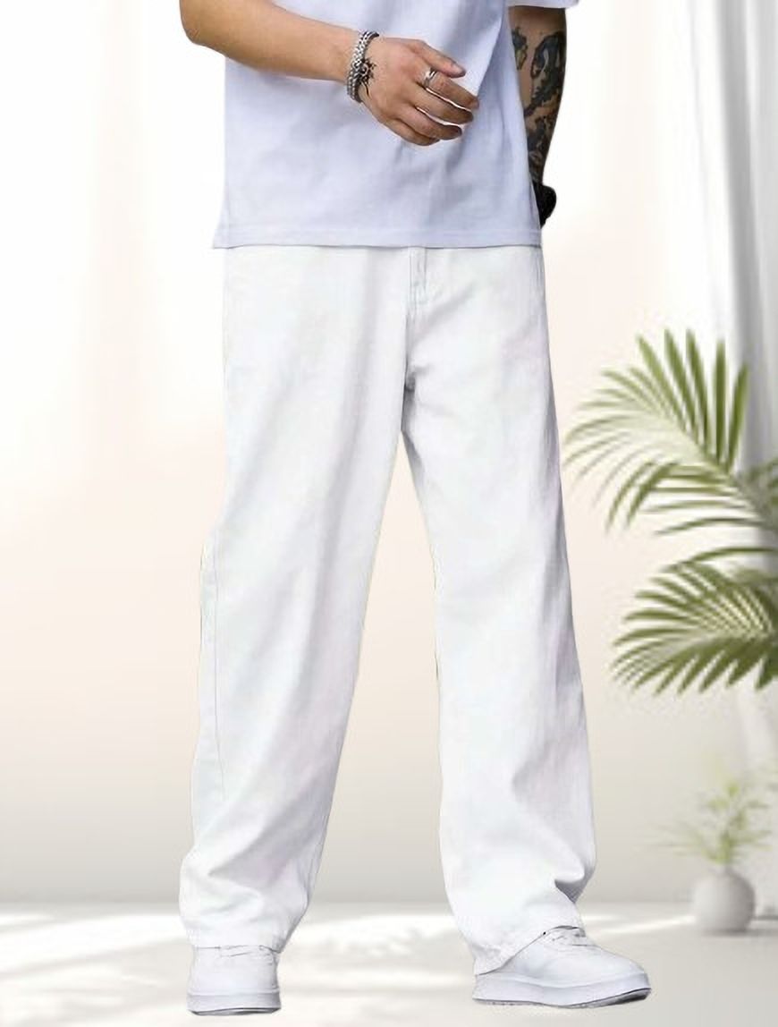Men Loose Fit Mid Rise White Jeans-image-43