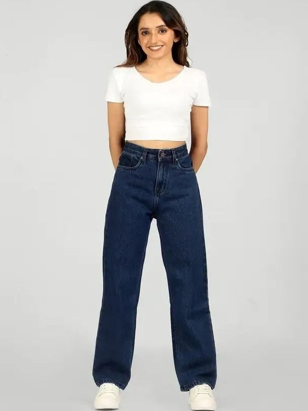 Women Wide Leg High Rise Dark Blue Jeans-image-13