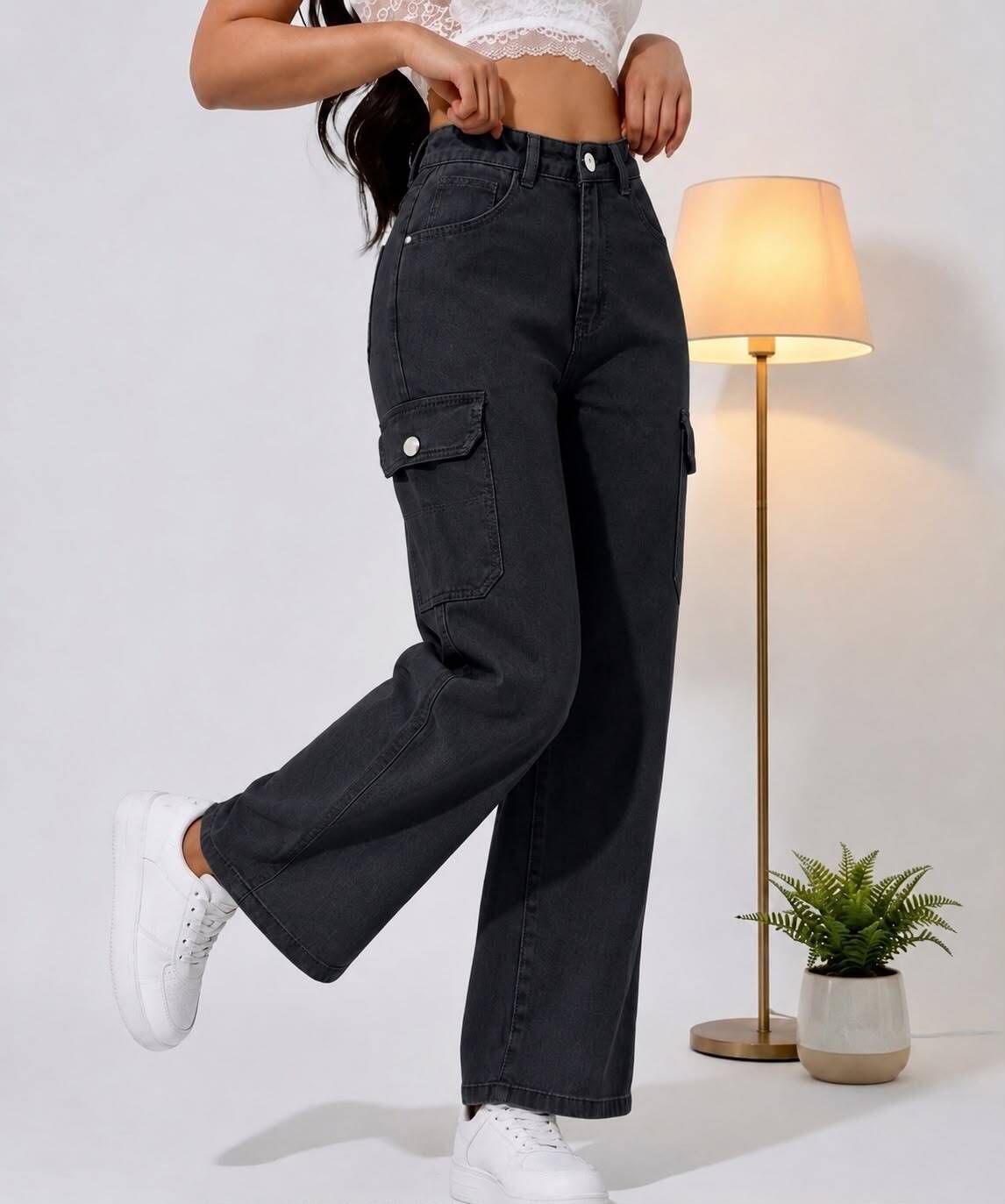 Women Wide Leg High Rise Dark Grey Jeans-image-5