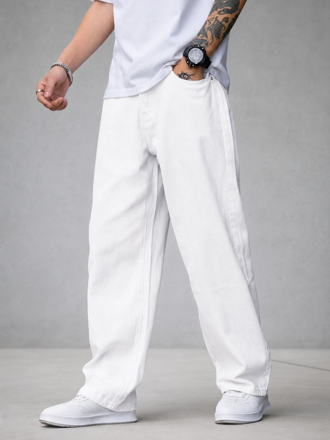 starvielle Men Relaxed Fit Mid Rise White Jeans-picture-42