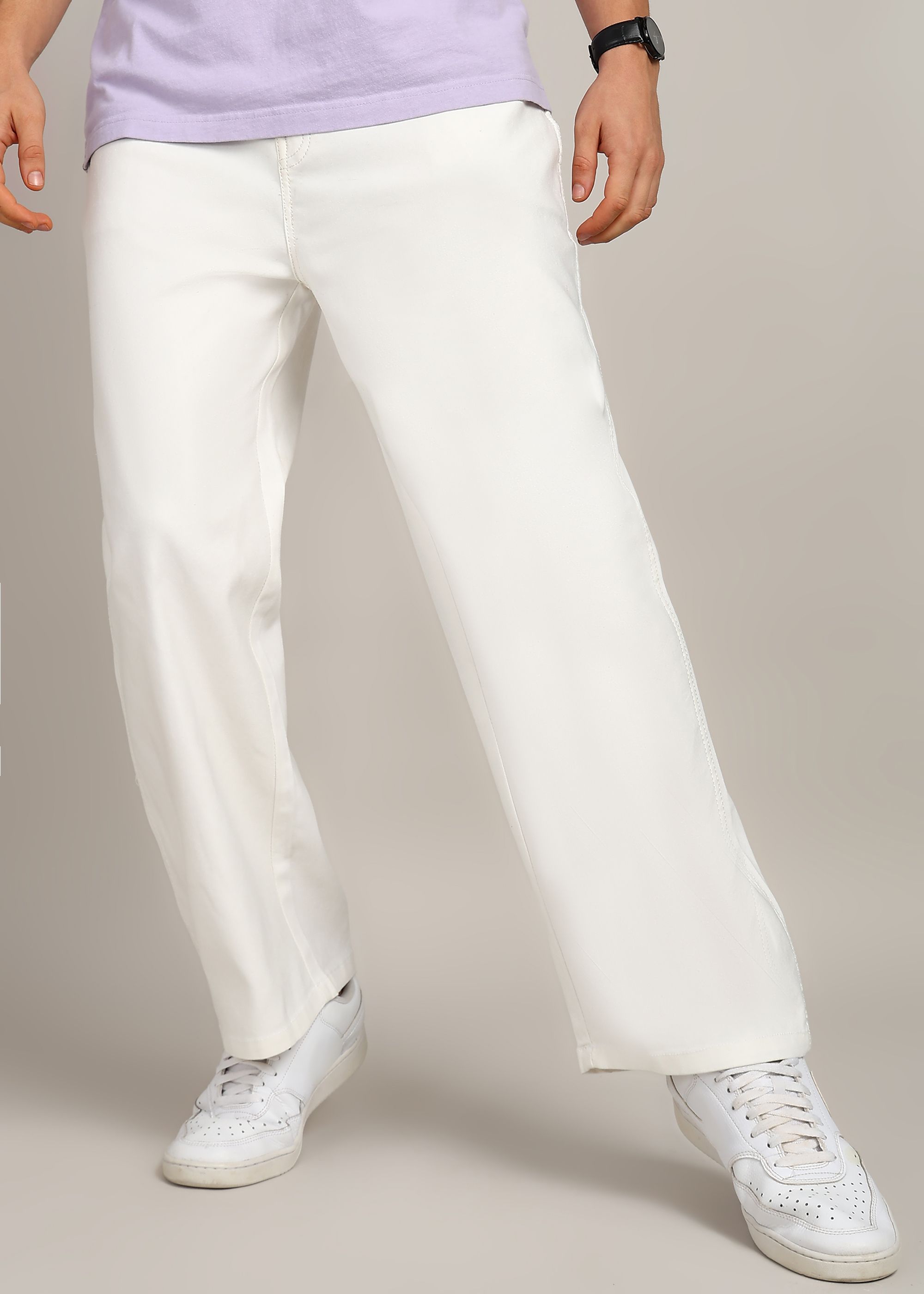 Men Straight Fit Mid Rise White Jeans