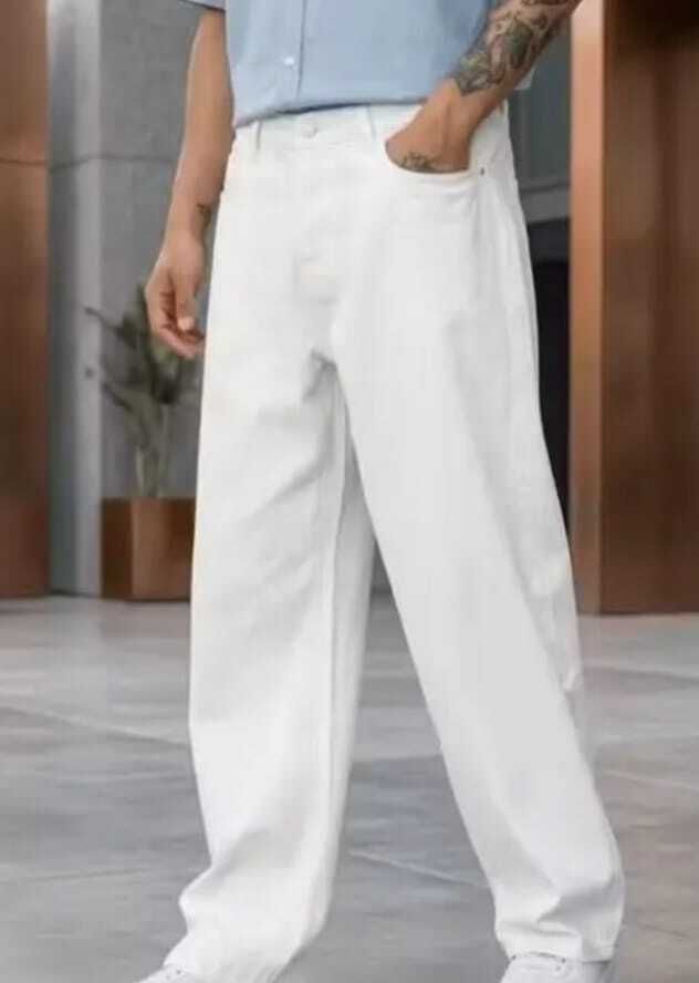 Men Loose Fit Mid Rise White Jeans-image-26