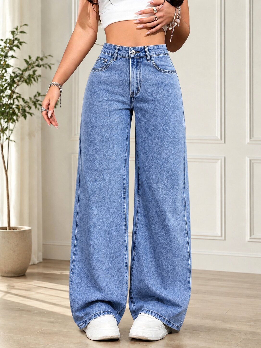 Women Wide Leg High Rise Light Blue Jeans-image-40