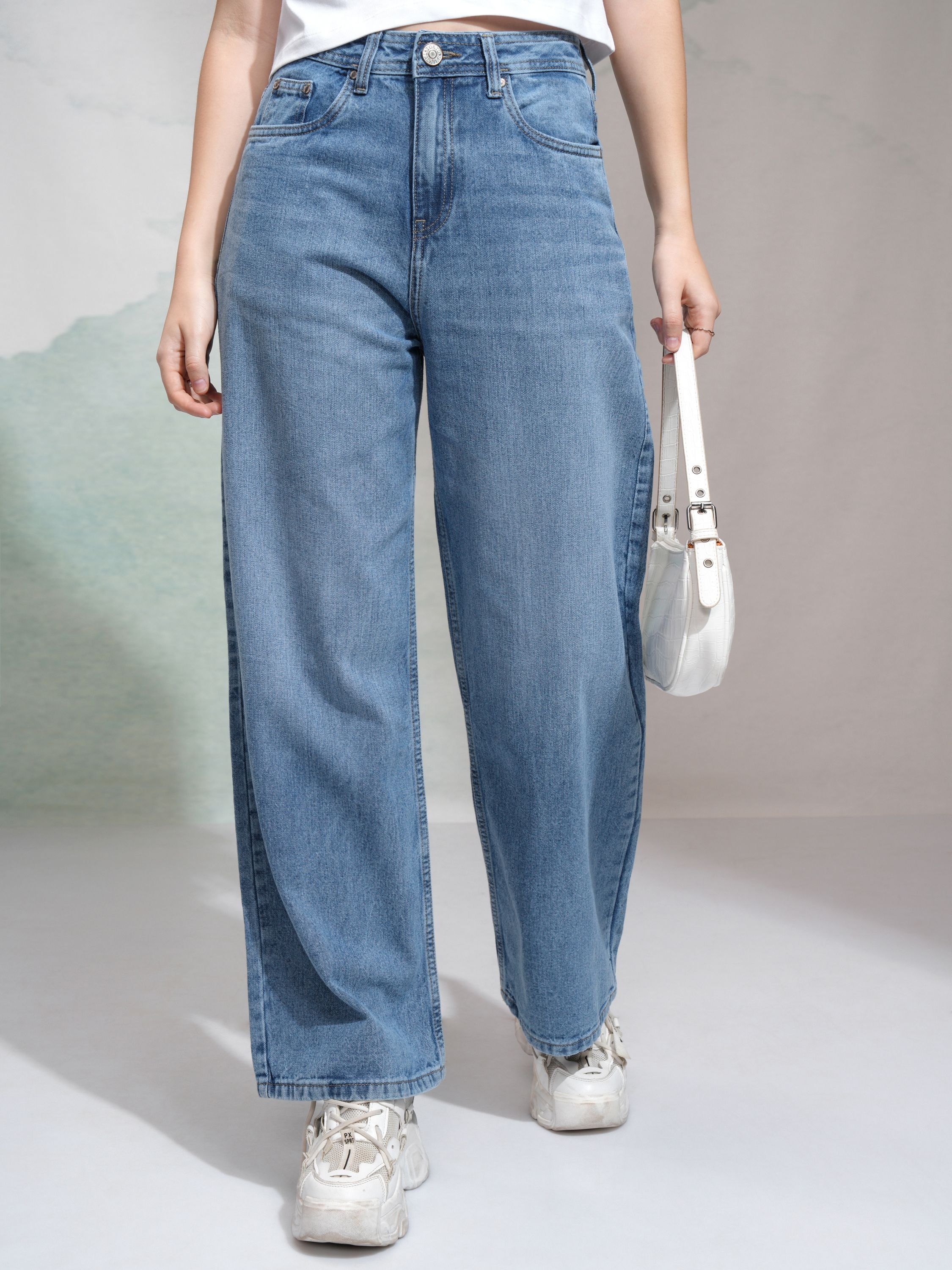 Women Flared Mid Rise Light Blue Jeans-image-42