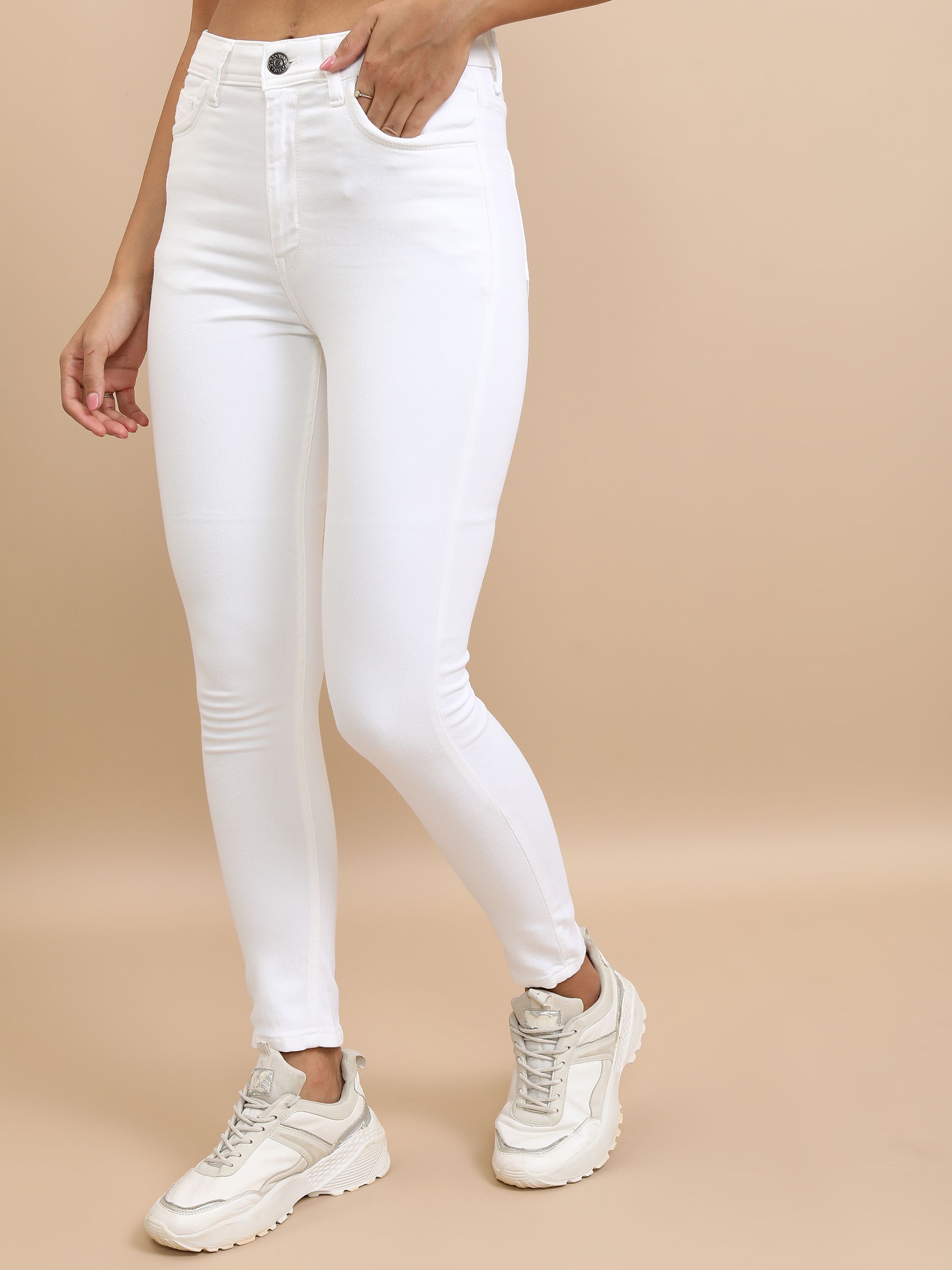 Women Skinny Mid Rise White Jeans-image-9