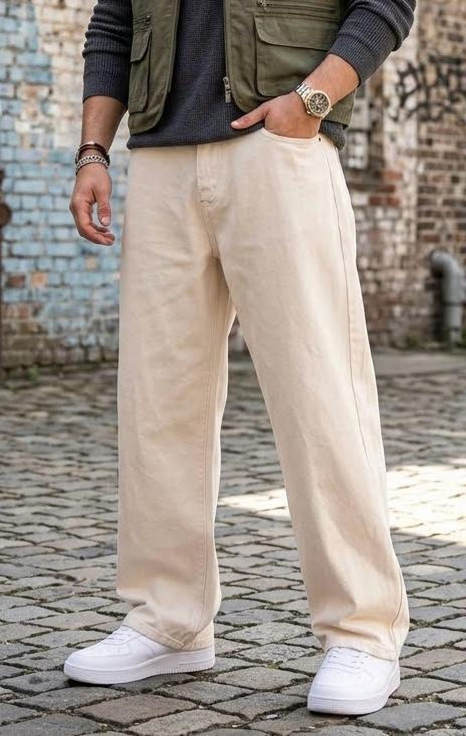 flaying Men Loose Fit Mid Rise Beige Jeans-picture-32