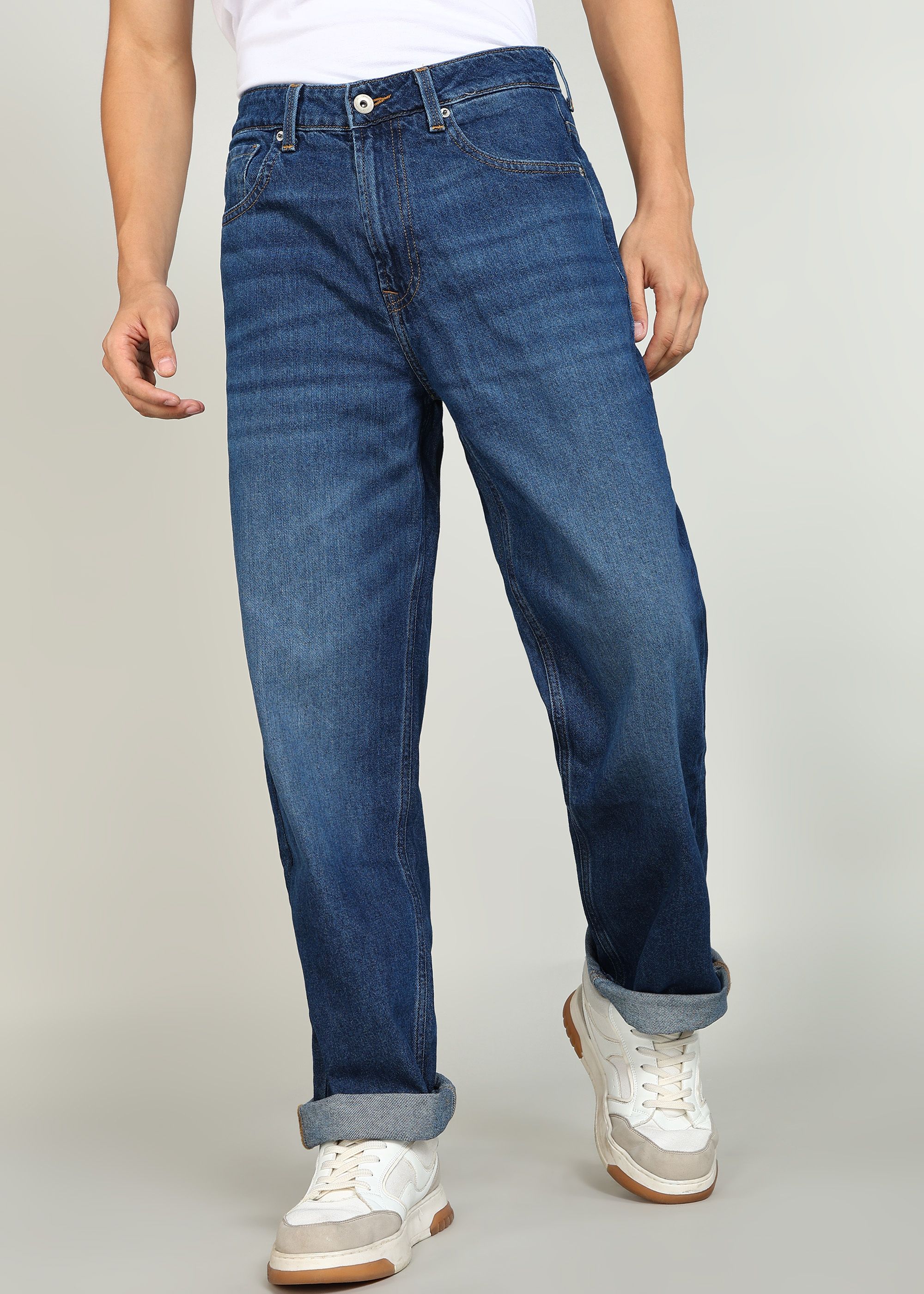 Men Loose Fit Low Rise Blue Jeans-image-1