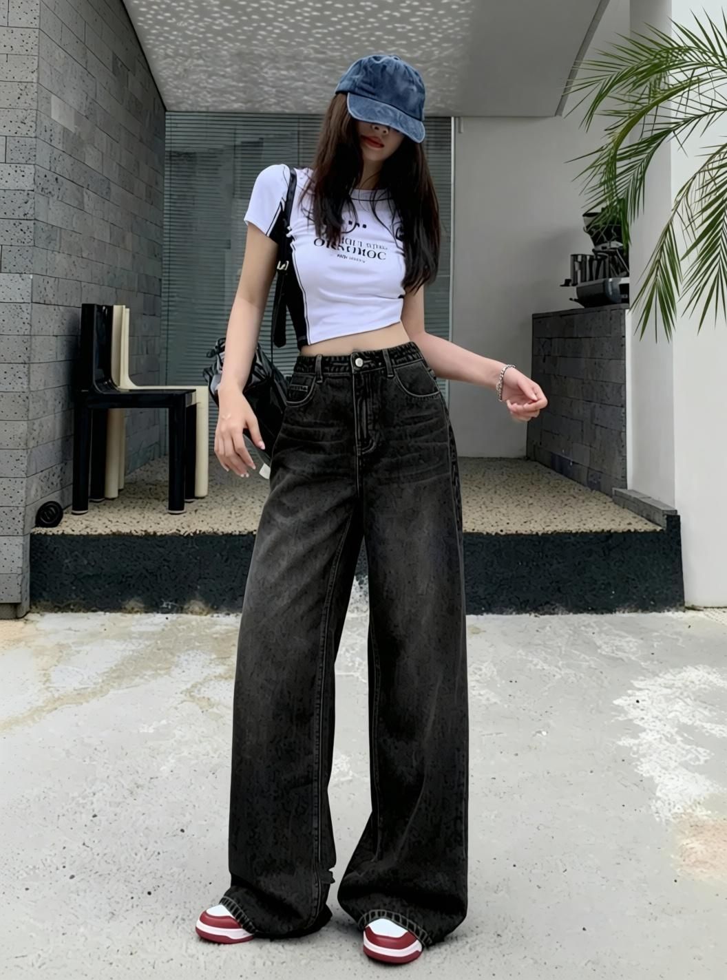 Women Loose Fit High Rise Grey, Black Jeans