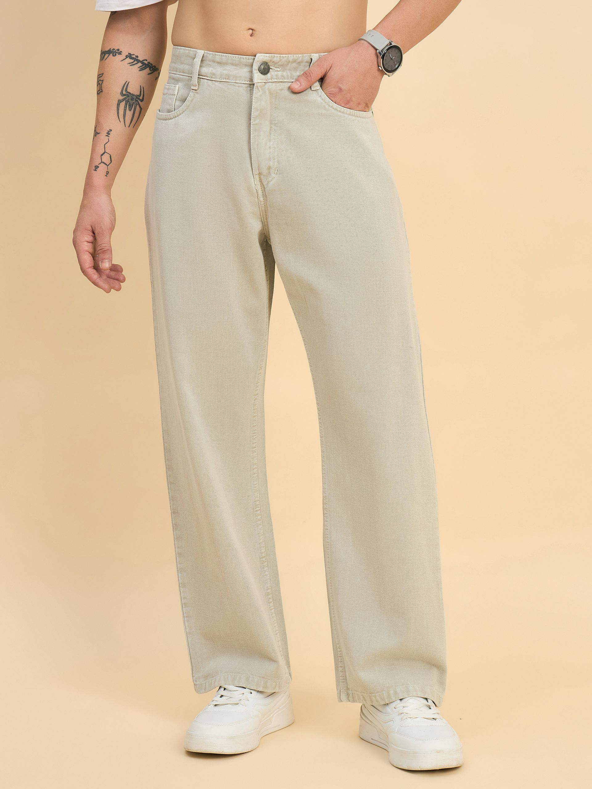 studio nexx Men Loose Fit Mid Rise Beige Jeans-picture-11