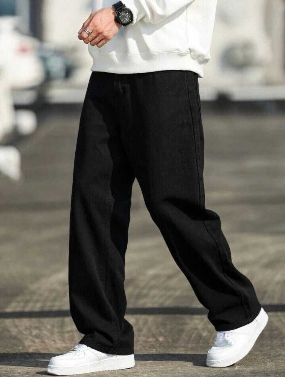 Men Straight Fit Mid Rise Black Jeans