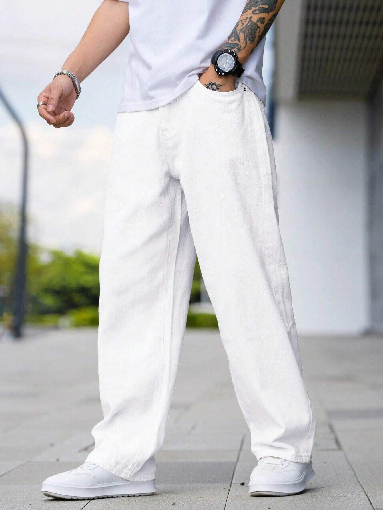Men Loose Fit Mid Rise White Jeans