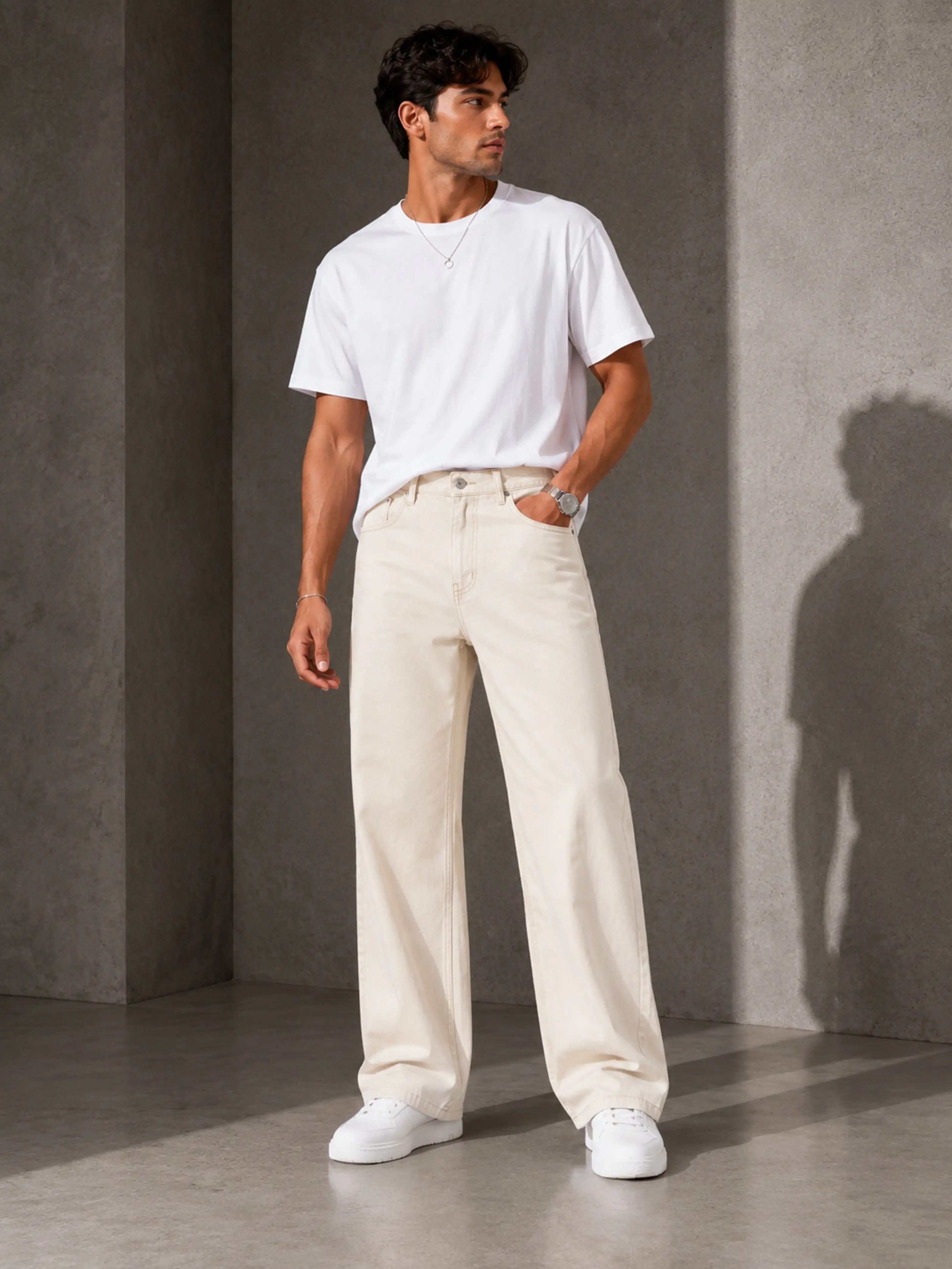 denim life Men Loose Fit Mid Rise White Jeans-picture-2