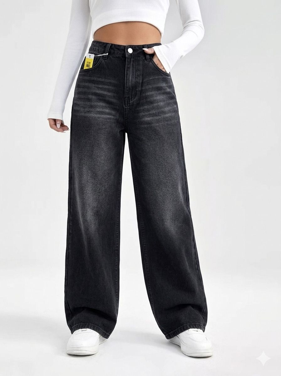 Women Wide Leg High Rise Black Jeans-image-45