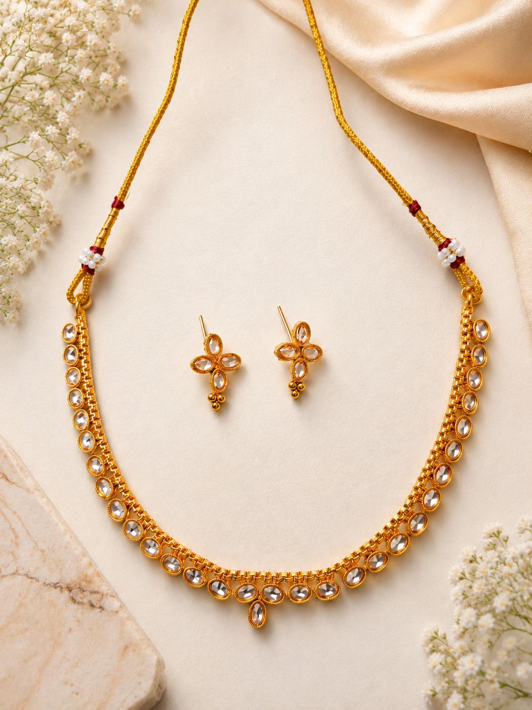 pamadhya Brass, Copper Gold-plated White Jewel Set-picture-23