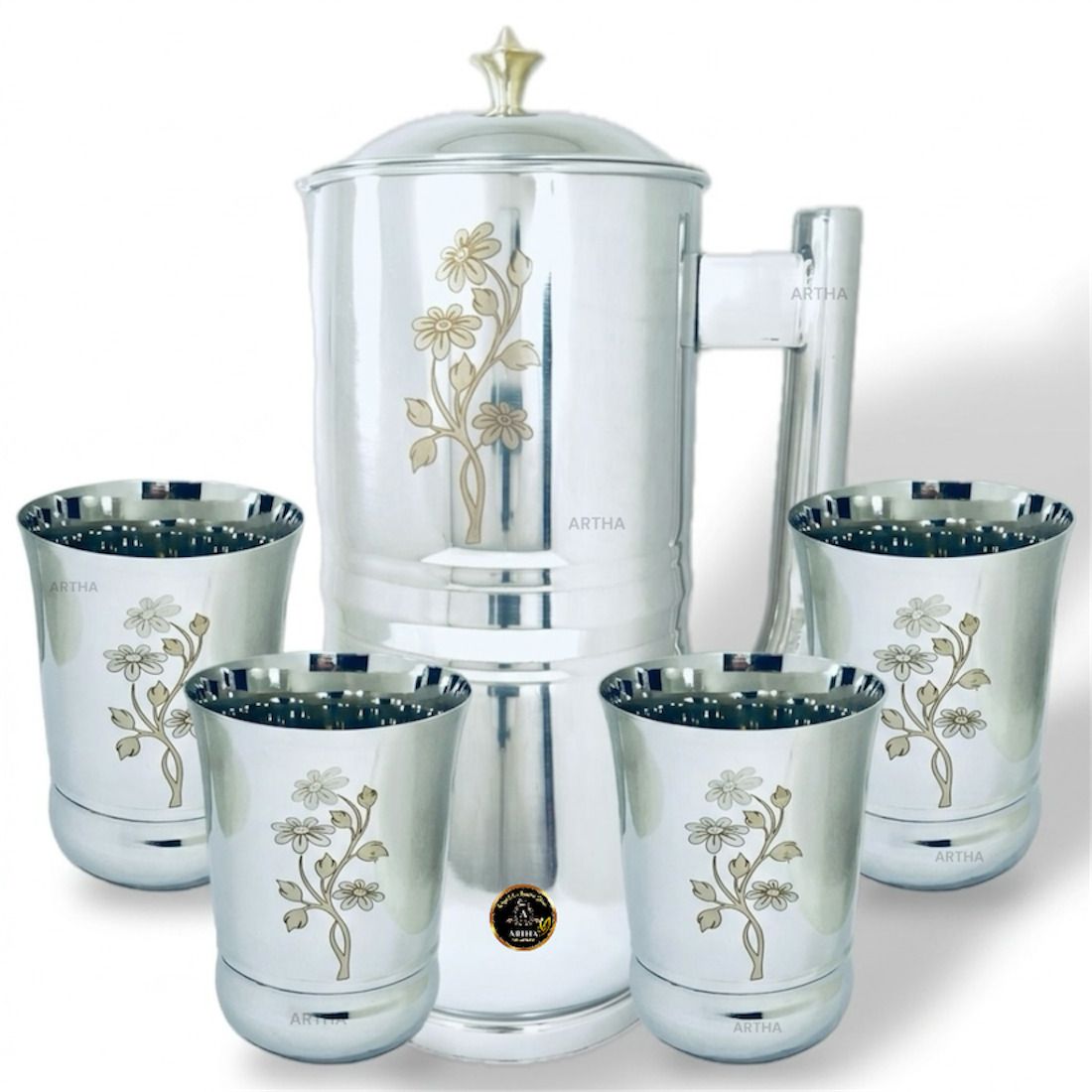 Artha S.Steel Mirror Polished Jug Brass Knob On Lid With 4 Matching Laser Printed Glass Jug Glass Set-image-6
