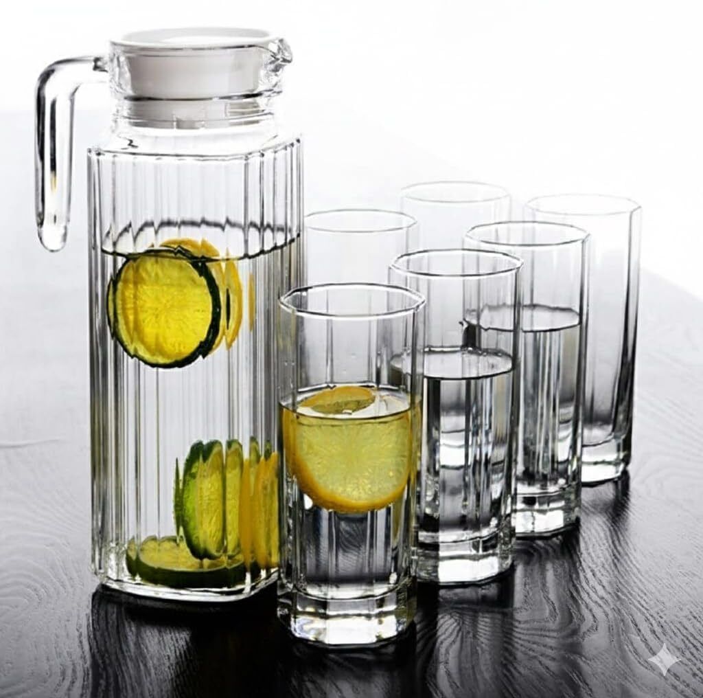 Water and Juice Glasses Set of 6 and Jug Set -1000 ML Jug & 250 ML Glasses Jug Glass Set-image-49