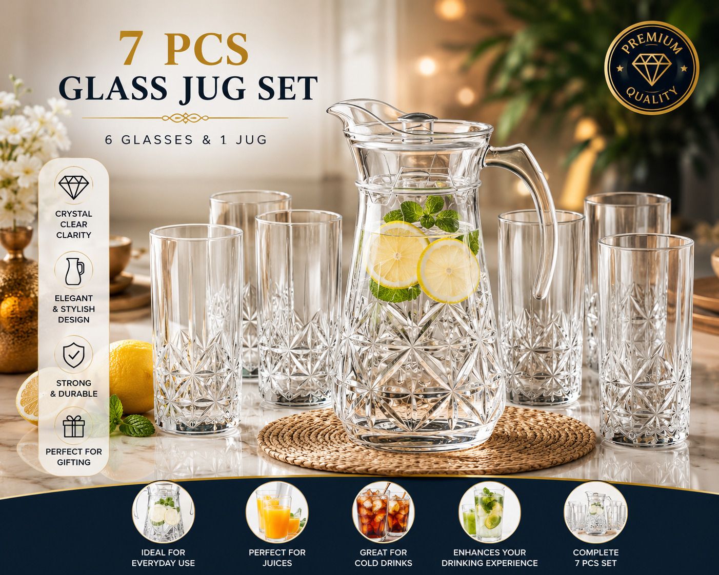Crystal Clear Water Jug with Lid Glass Juice,Mocktail & Beverage Drinkware Set Jug Glass Set-image-36