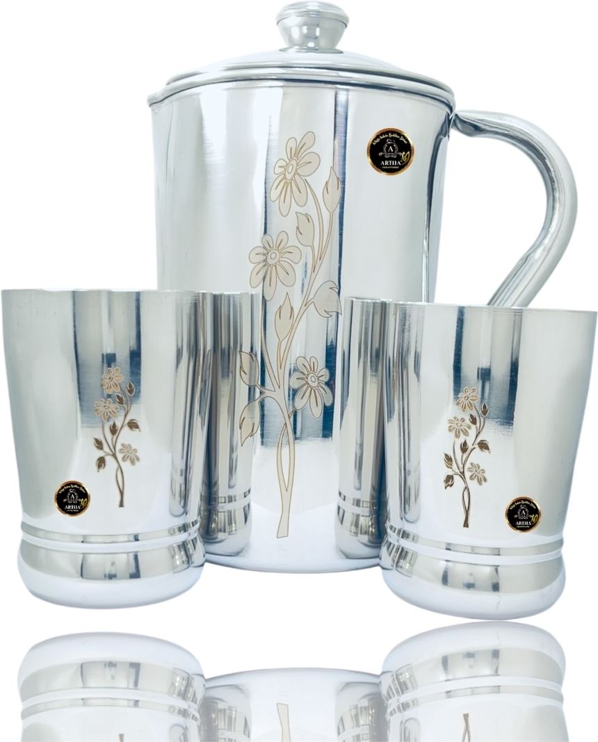 ARTHA Jug Glass Set - S.Steel Laser Printed Jug With 2 Pcs Of Glass Mirror Polished And Laser Printed, 2 Ltr Jug And 400 ML Glass Capacity Jug Glass Set-image-21