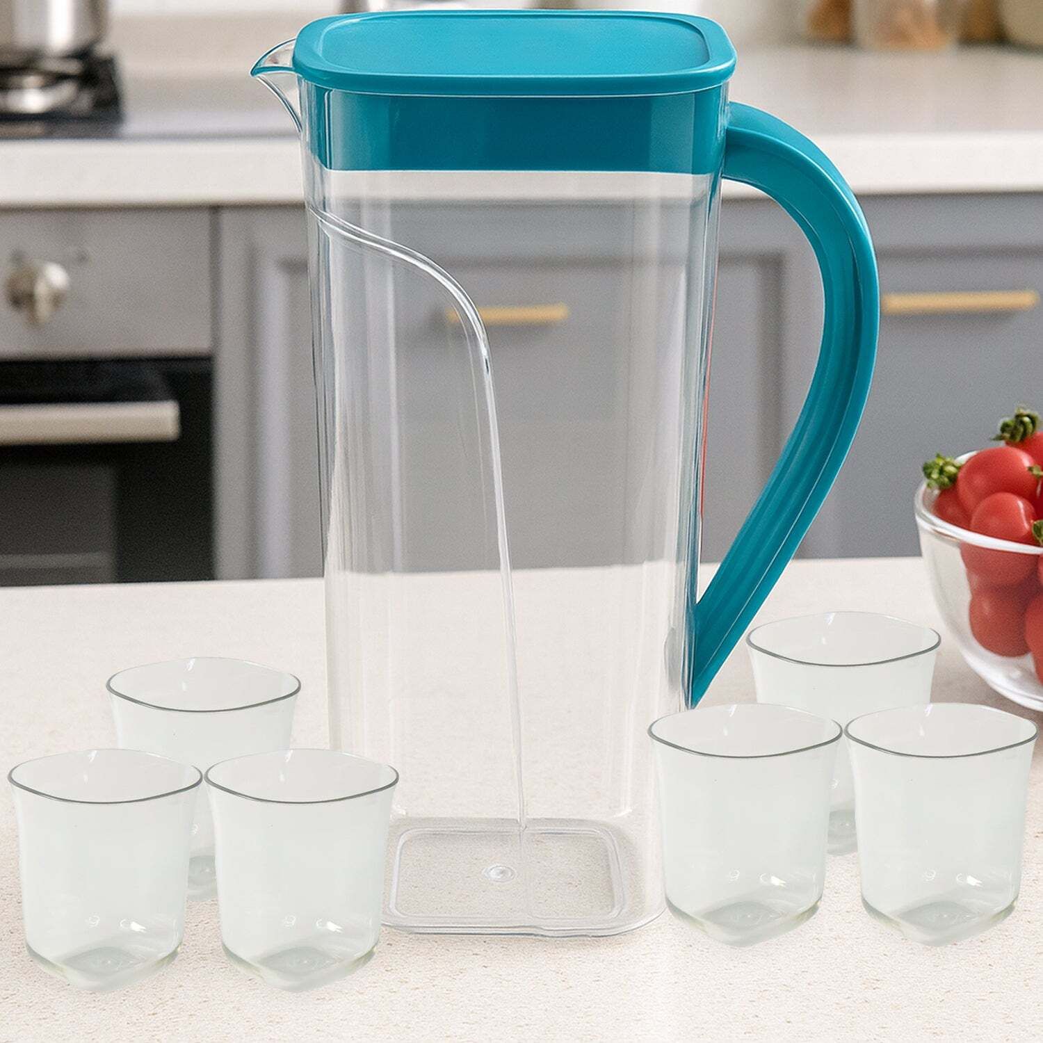 supermom Plastic Marina Water Jug with 6 Matching Glasses – Stylish & Durable Drink Set Jug Glass Set-picture-2