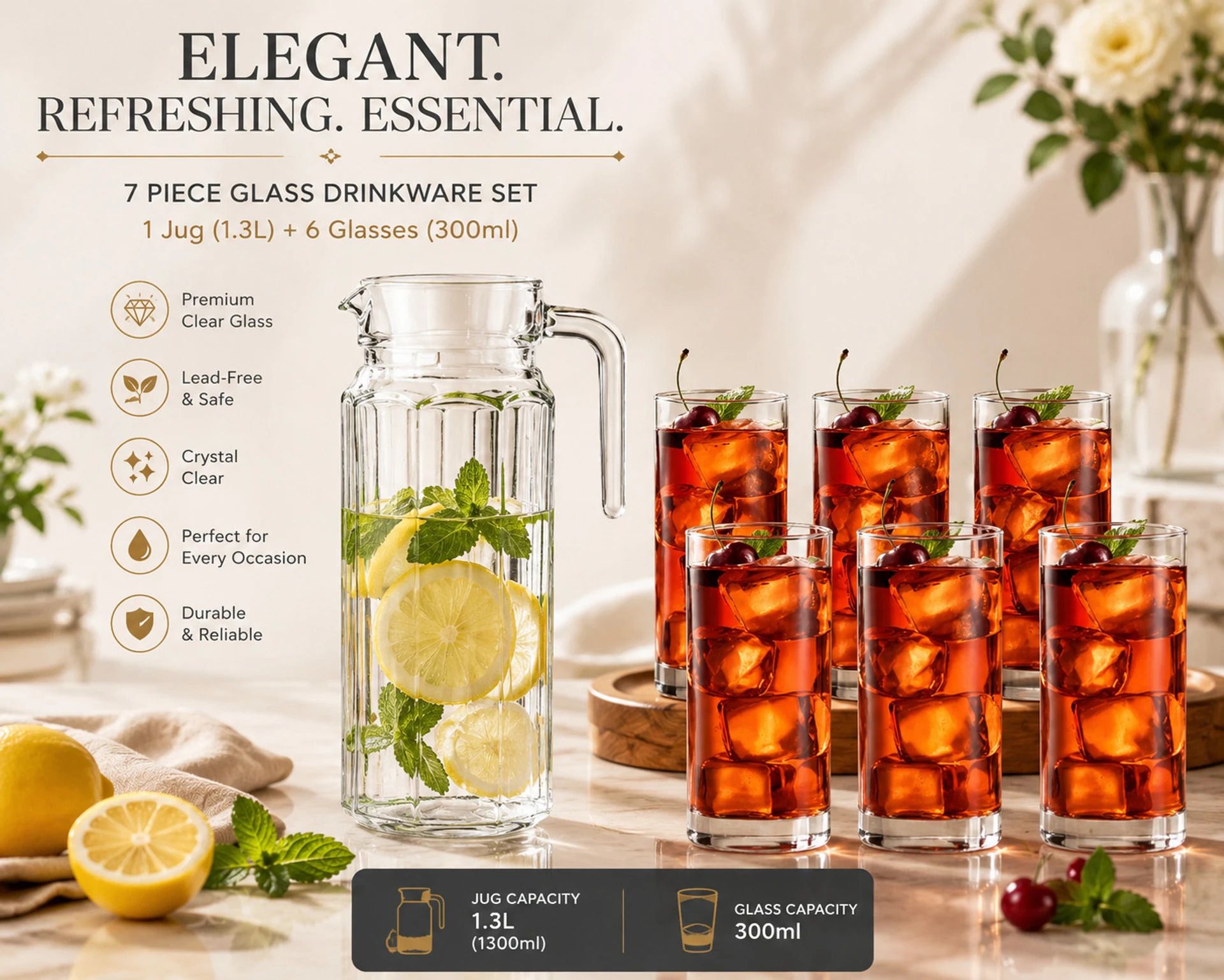 red-rubby 1.3 L Glass Jug with Lid & 6 x 300 ml Highball Drinkware Set Jug Glass Set Jug Glass Set-picture-15
