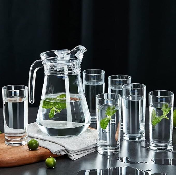 1.2L Glass Jug with Lid & 6 Highball Glasses 350 ML | Transparent Serving Set Jug Glass Set-image-30