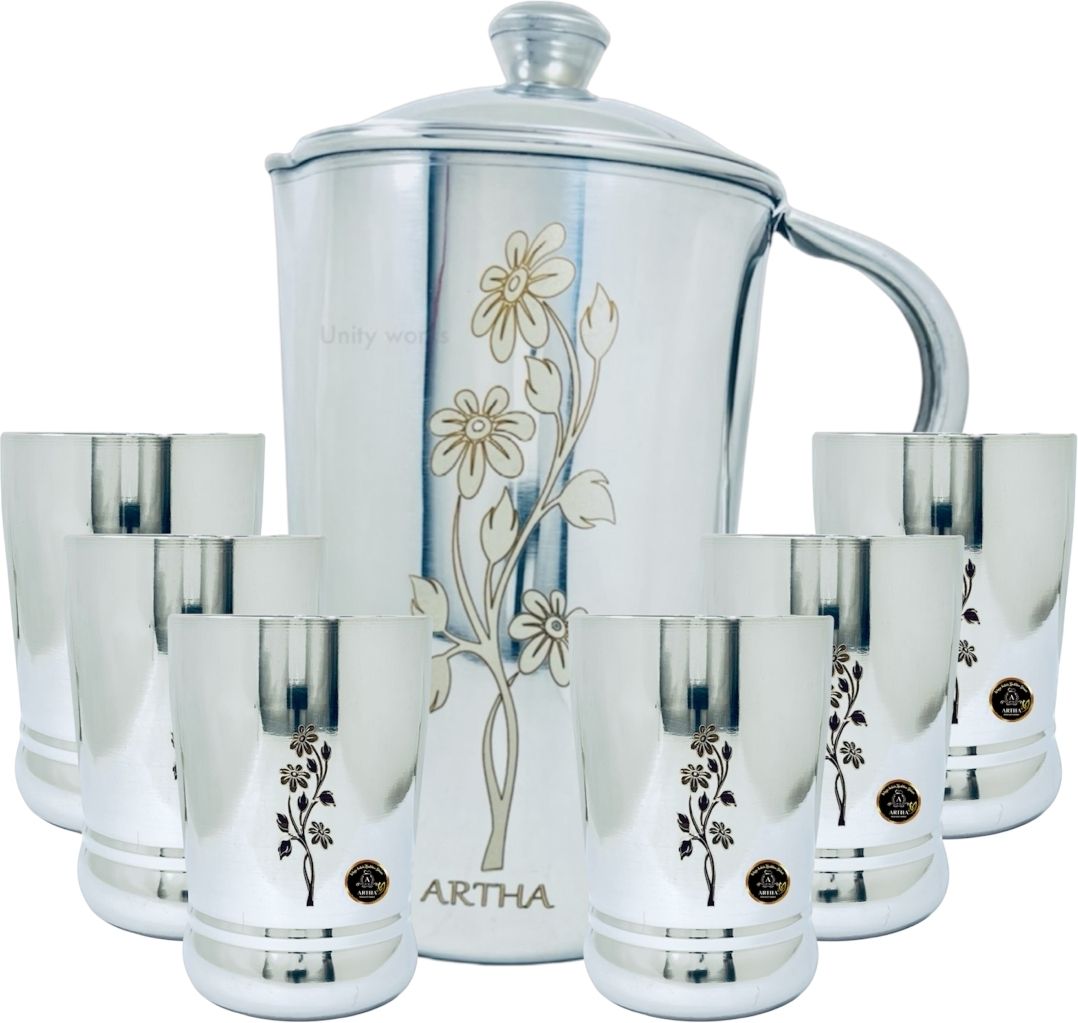 Jug Glass Set of 7 Piece-SS Mirror Polished And Laser Printed jug With 6 Glasses Jug Glass Set-image-18