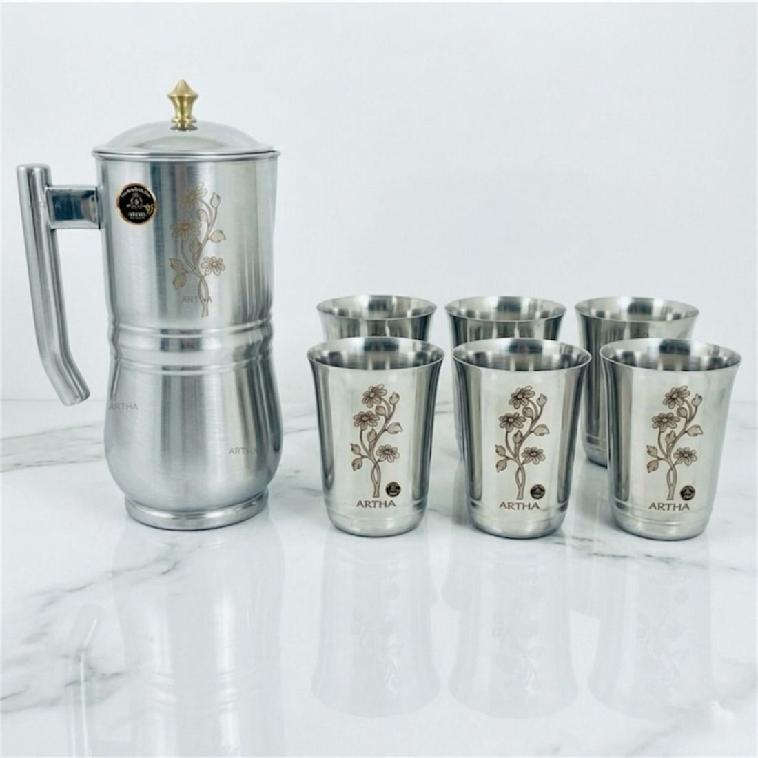 Artha Modern And Premium Quality Stainless Steel Jug Glass Set Of 7 Include 1 Jug Brass Knob On Lid 2 Litre With 6 Glasses Mirror Polished And Laser Printed Set Jug Glass Set-image-9