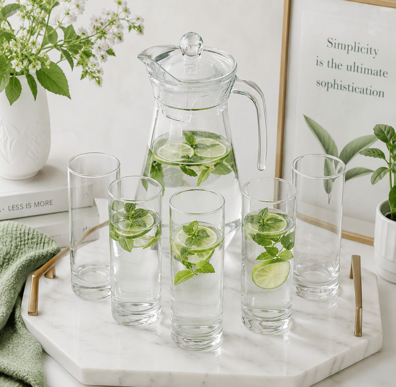 Premium Glass Jug Set 1.3L with 6 Glasses 265ml Party Home Kitchen Set Jug Glass Set-image-13