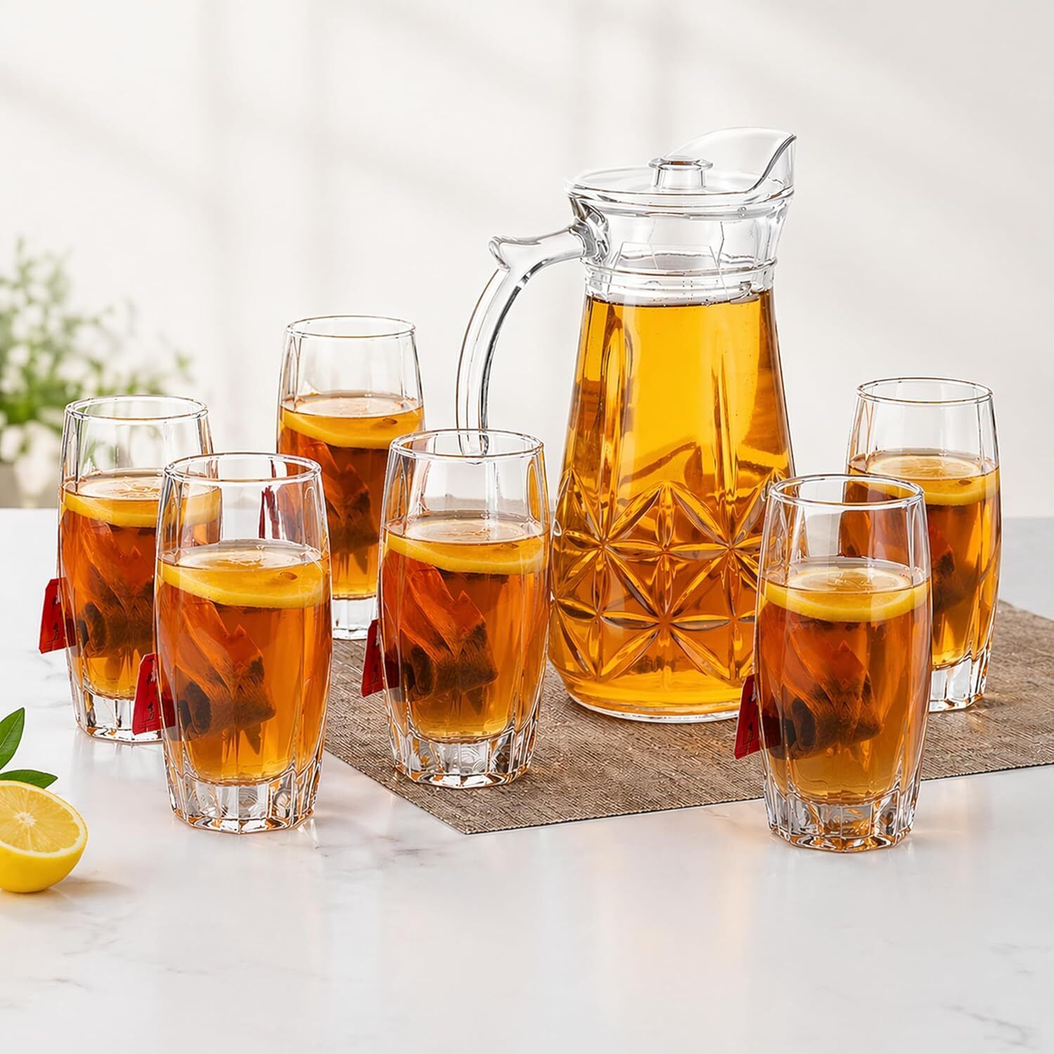 1.8L Glass Water Jug with Lid & Handle Hexa Long Glasses Beverage Serving Set Jug Glass Set-image-38