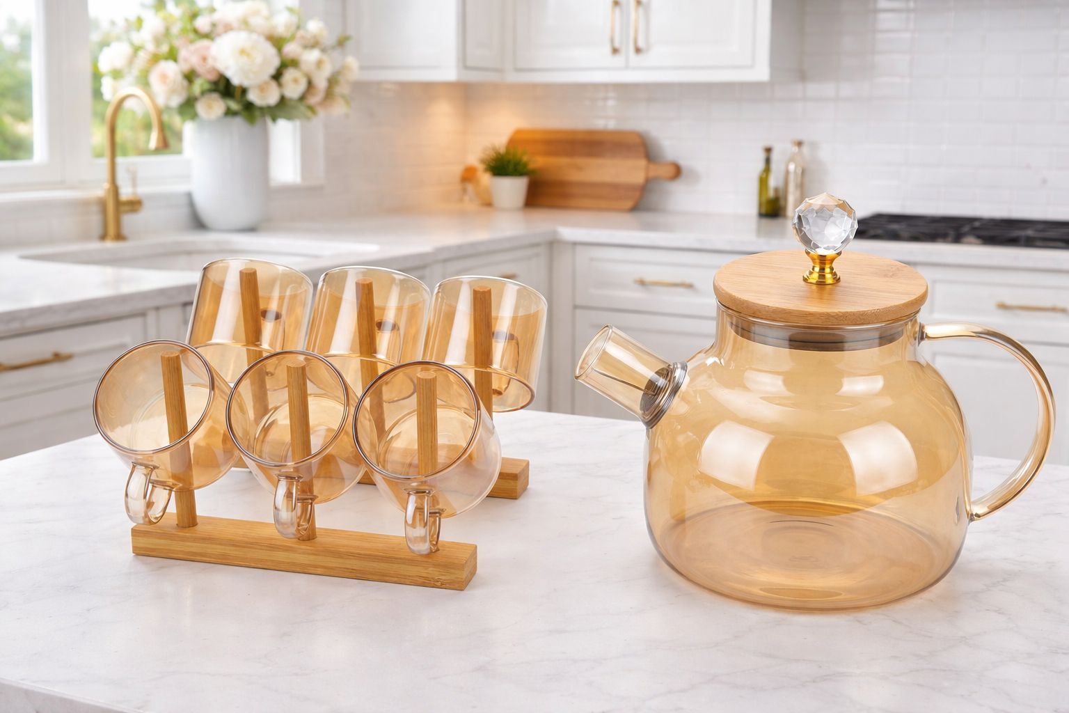 Krestly Clear Glass Teapot Set with Bamboo Cover & 6 Cups | Iced Tea & Hot Brew Server Jug Glass Tray Set-image-33